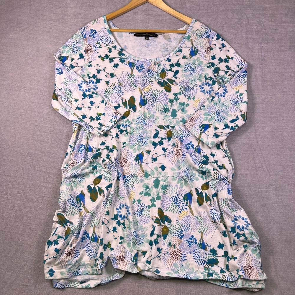 French Bazaar Floral Bird Print A-Line Tunic‎ Top Womens Large White Blue Green